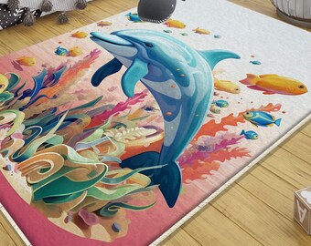 Under Sea Dolphin Nursery Rug with Pink Fish Girl Design, Kids Room Decor & Baby Gift Set with Pillowcase, gifts for kids, nursery decor