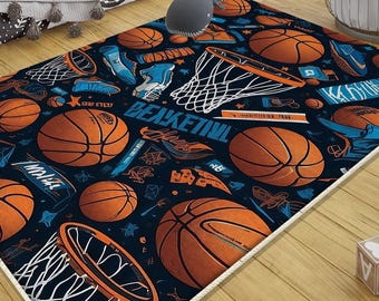 Basketball Balls Kids Play Room Rug with Pillow Case Gift, Cute Sport Rug for Baby - Kids Room Decor, Fun Gift for Boys & Girls