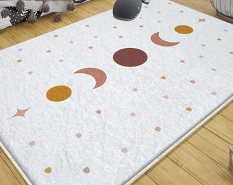 Mystic Moon Stars Kids Nursery Rug with Pillowcase, Boho Baby Room Decor, Toddler Play Mat & Cute Kids Room Carpet Gift