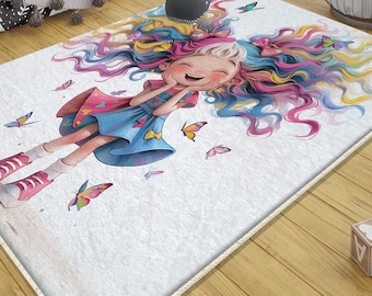 Rug for Kids Colorful Cute Girls Room Rug with Playground Design, Nursery Decor & Pillowcase Gift for Baby Room