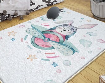 Bunny Pilot Plane Kids Nursery Rug with Pillowcase, Cute Rabbit Playroom Rug, Baby Room Decor & Gift for Toddler Boys Girls