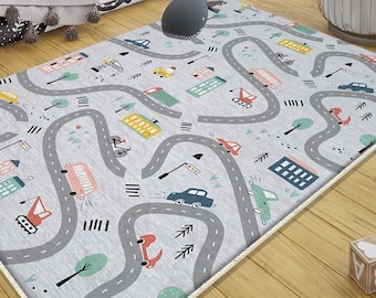 Play Mat for Kids, City Road Car Nursery Rug, Anti-Slip Toddler Traffic Activity Carpet, Washable Playroom Mat with Pillowcase Gift