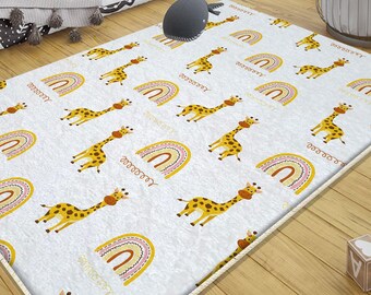 Safari Animal Giraffe Rainbow Nursery Rug with Pillowcase – Cute Baby Shower Gift, Kids Room Decor, Soft Play Mat for Toddlers