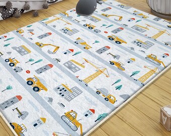 Road Construction Vehicles Kids Rug with Pillowcase - Crane Bulldozer Excavator Playmat, Heavy Equipment Nursery Carpet for Boys Room Gift