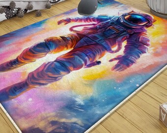Space Themed Astronaut Kids Rug with Pillow Case Gift, Colorful Nursery Room Decor, Baby & Toddler Playroom Mat, Cute Kids Room Accent