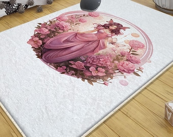 Fairy Princess Flowers Girls Room Rug with Pillowcase Gift, Cute Nursery & Kids Playroom Decor, Soft Baby Rug for Toddler Bedroom