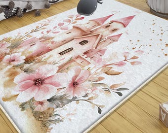Medieval Castle Nursery Rug with Floral Design & Pillowcase - Cute Baby Shower Gift, Kids Room Decor, Soft Girl’s Room Rug