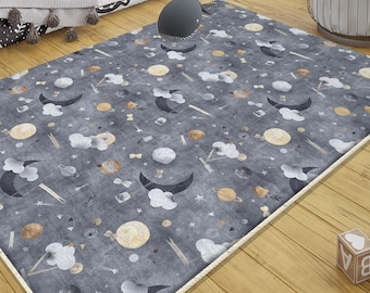 Gray Moon Clouds Kids Room Rug with Stars & Pink Pillowcase Gift, Cute Night Decor, Perfect Kids Birthday Present