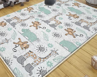 Safari Animal Nursery Rug with Pillow Case, Cute Baby Shower Gift, Kids Room Decor, Soft Play Mat for Toddlers & Babies, Gifts for kids