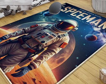 Astronaut Kids Nursery Rug Space Man Theme with Pillow Case Gift, Cute Baby Room Decor, Kids Room Accent Mat, Toddler Playroom Accessories