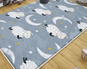Blue White Sheep Nursery Rug with Moon & Stars, Cute Baby Playroom Mat, Kids Room Decor + Pillow Case Gift, gifts for kids, nursery decor