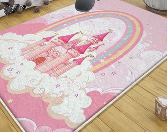 Pink Princess Castle Rainbow Nursery Rug Cute Girl Kids Room Decor, Playground & Baby Room Carpet, Gift For Kids, Nursery Decor