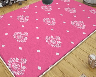 Pink White Retro Nursery Rug for Girls Kids with Pillow Case Gift – Cute Baby Playground Decor for Girls Room, Gifts for Kids, Nursery Decor