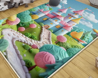 Rug for Kids Cute Candy Princess Castle Girls Room Nursery Decor Playground Baby Rug with Pillowcase Gift, gifts for kids, nursery decor