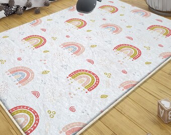 Colorful Rainbow Boho Nursery Rug with Pillow Case Gift, Cute Kids Room & Baby Play Mat, Playground Decor, gifts for kids, nursery decor
