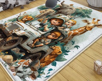 Safari Animal Nursery Rug with Pillow Case, Cute Kids Room Decor, Baby Shower Gift, Soft Play Mat for Baby & Toddler Nursery