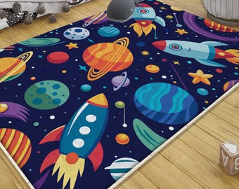 Space Galaxy Planets Kids Nursery Rug - Cute Washable Non-Slip Room Decor with Pillowcase Gift for Baby & Kids Room