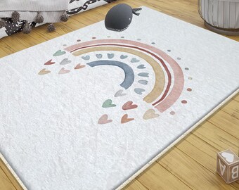 Fairy Boho Rainbow Nursery Rug with Pink Pillow Case, Kids Room Decor & Baby Shower Gift, Colorful Cute Kids Room Rug