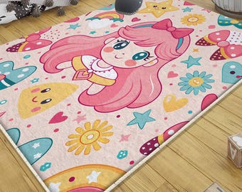 Colorful Cute Anime Girl Nursery Room Rug with Pillowcase Gift, Kids Baby Playground Decor, Soft Nursery Floor Mat, Gifts For Kids