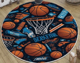 Basketball Rug for Kids Playroom with Pillowcase Gift, Round Sport Rug for Baby - Kids Room Decor, Cute Kids Room Gift & Play Mat