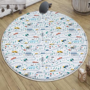 Play Mat for Kids | Round City Road Nursery Rug with Car Traffic Design, Anti-Slip & Washable Toddler Playroom Carpet + Pillowcase Gift