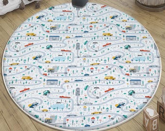 Play Mat for Kids | Round City Road Nursery Rug with Car Traffic Design, Anti-Slip & Washable Toddler Playroom Carpet + Pillowcase Gift