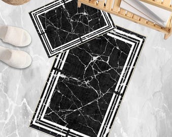 Black White Marble Bathroom Rug Non Slip Quick Dry Bath Mat Geometric Washable Soft Modern Toilet Mat with Border Lines