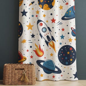 Espace galaxie planètes vaisseau spatial fusée rideaux pour chambre d'enfant et rideaux de fenêtre pour chambre de bébé, dimension personnalisée, taies d'oreiller cadeau pour décoration de chambre de tout-petit