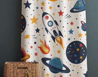 Space Galaxy Planets Spaceship Rocket Nursery Kids Curtains & Nursery Window Drapes, Custom Size, Gift Pillow Covers for Toddler Room Decor