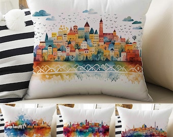 Pillow Cases Colorful Retro Houses Both Sides Printed, Cozy Cottagecore Accent Pillow, Vintage City Cushion, Housewarming Gift