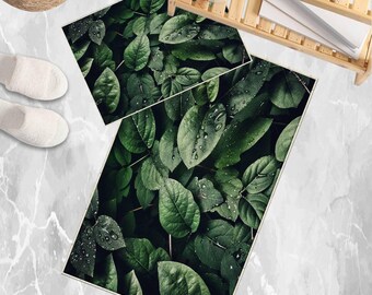 Green Tropical Leaves Bathroom Rug - Non Slip Bath Mat, Quick Dry Washable Toilet Mat, Soft Modern Floral Bathroom Decor