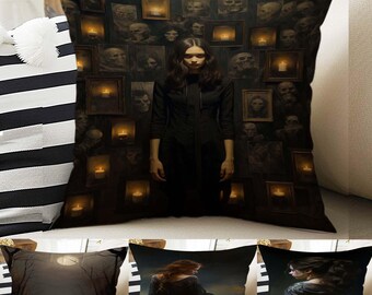 Dark Academia Pillow Cover, Gothic Girl Cushion, Goth Women Decorative Throw Pillowcase, Moody Home Decor Accent