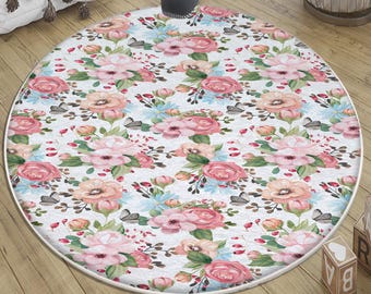 Round Colorful Floral Baby Nursery Rug with Pillow Case – Cute Kid Room Decor & Gift for Girls