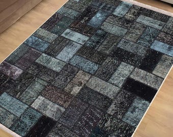 Dark Black Blue Kilim Rug Runner, Boho Patchwork Accent Carpet, Turkish Anti-Slip Area Mat with Pillowcase Gift, Chenille Washable Rug