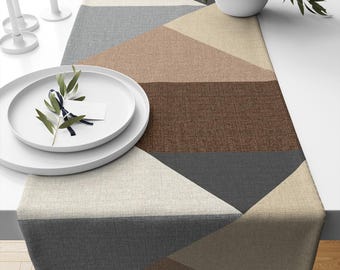 Table Runner Brown Black Gray Geometric Triangles Nordic Style Patchwork Traditional Dining Room Decor Textile Accent, Farmhouse Decor