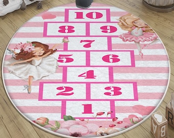 Pink Hopscotch Ballerina Girls Room Rug with Pillowcase – Cute Kids Playground Decor & Gift for Girls Bedroom