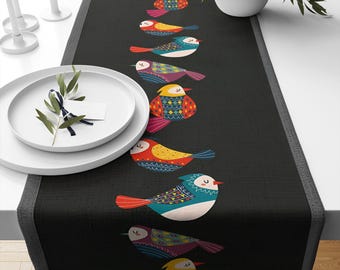 Table Runner Colorful Birds Pattern on Black Modern Dining Room Decor Textile Accent