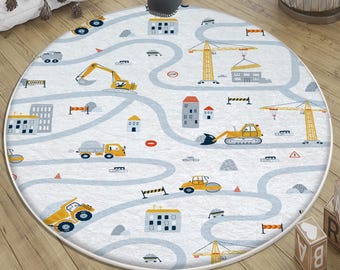 Construction Vehicles Kids Rug with Crane Bulldozer Excavator Round Playmat Nursery Carpet & Pillowcase Gift