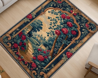 French Victorian Garden Tapestry Rug - Washable Chenille Carpet with Floral & Grapevine Design - Vintage European Home Decor