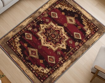 Bohemian Oriental Rug - Washable Chenille Carpet in Deep Red with Floral Medallion Design - Vintage Boho Home Decor