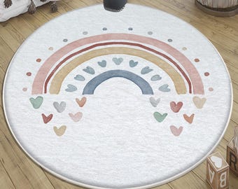Round Colorful Fairy Rainbow Nursery Rug with Pillowcase - Cute Pink Boho Kids Room Decor & Baby Shower Gift