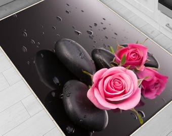 Pink Roses Spa Stone Kitchen Runner Rug - Washable, Non-Slip Floor Mat & Modern Home Decor