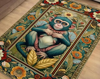 Botanical Monkey Rug Forestcore Boho Cottagecore Animal Decor Floral Bohemian Grunge Gothic Victorian Fairycore Carpet