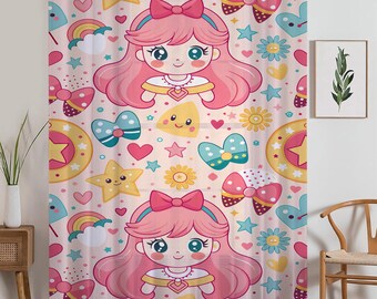 Sheer Cute Pink Princess Curtain for Girls Kids Room – Colorful Nursery Net Voile, Lightweight & Machine Washable - Matching Accessories