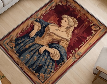 Victorian Lady France Tapestry Rug - Elegant Washable Chenille Carpet with Antique Oriental Border for Classic Home Decor