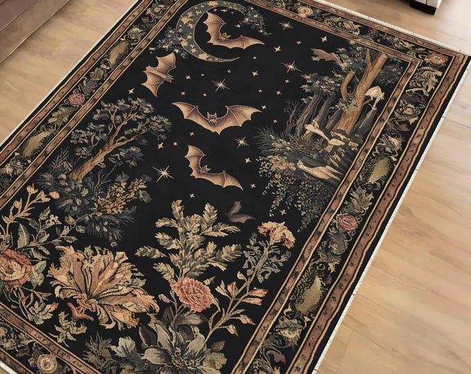Featured listing image: Dark Academia Mystic Bat Rug Witchy Decor Gothic Area Rug, Enchanted Forest Bat Lover Whimsigoth Rug Dark Cottagecore Decor, Funky Moody Rug