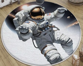 Space Themed Astronaut Kids Nursery Rug with Pillowcase, Round Cute Baby Room Gift & Kids Room Decor