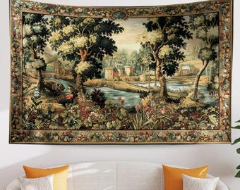 Medieval Tapestry Wall Hanging Vintage French Garden Floral Woven Antique Tapestry French Country Decor European Tapestry Dark Cottagecore
