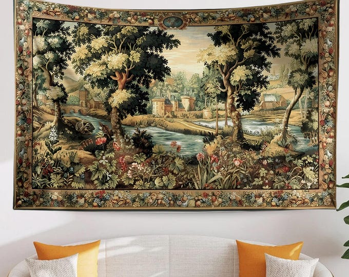 Featured listing image: Medieval Tapestry Wall Hanging Vintage French Garden Floral Woven Antique Tapestry French Country Decor European Tapestry Dark Cottagecore