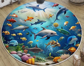Round Under Sea Fish Rug with Pillow Case, Cute Aquarium Nursery Kids Room Decor & Baby Gift